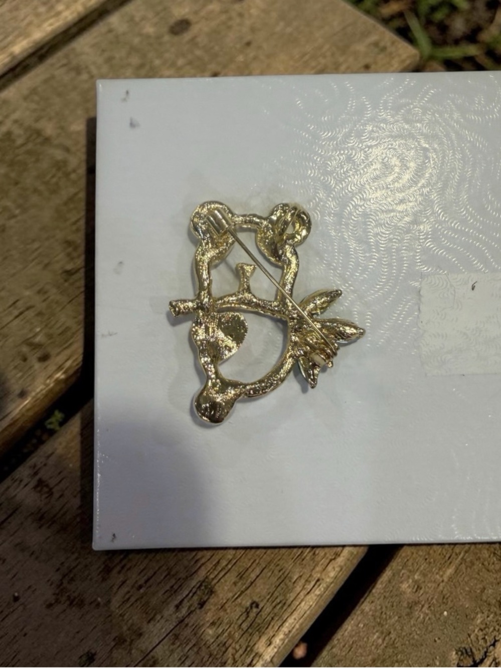 Gold-Tone Panda Brooch with Green Leaves and Pink Heart Accent - Picture 2 of 2